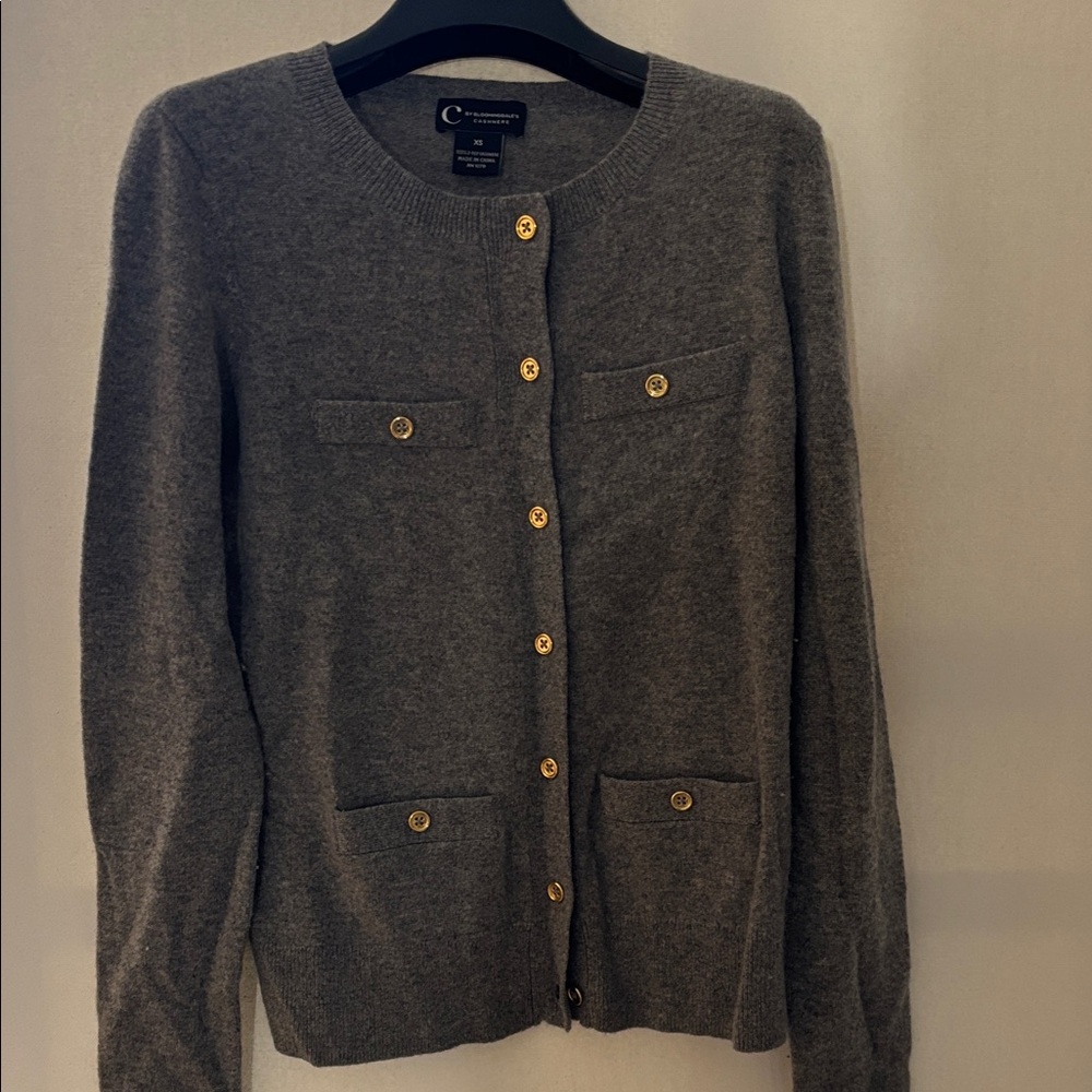 Bloomingdale's Gray Cashmere sweater with Gold Buttons